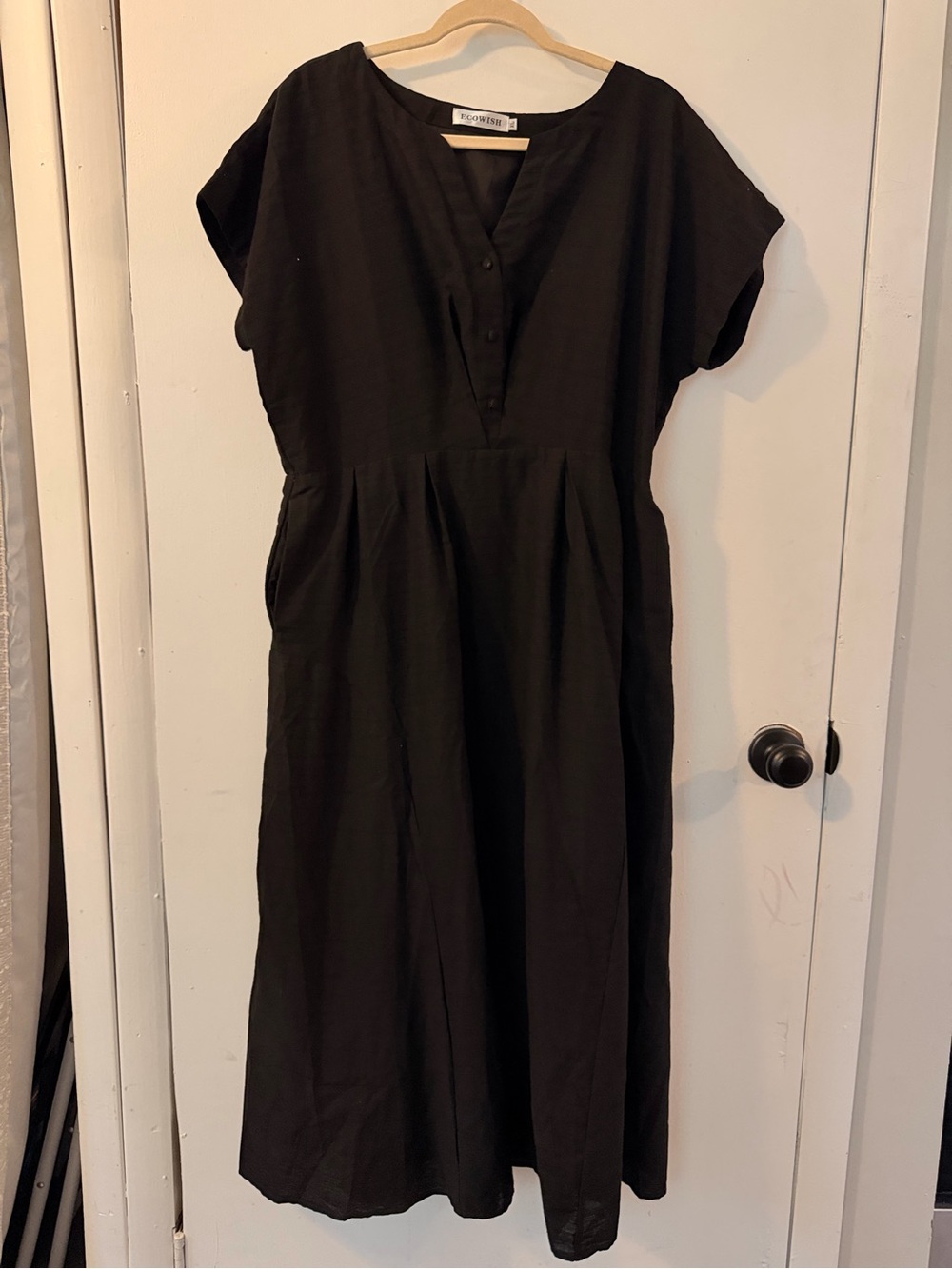 Black Midi Dress with Button V-Neck by EcoWish